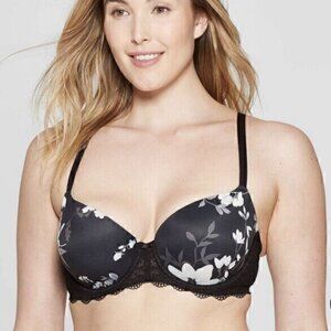 Auden Daydream Bra Women's 40C Black White Floral Light Lift Lace Demi T-Shirt